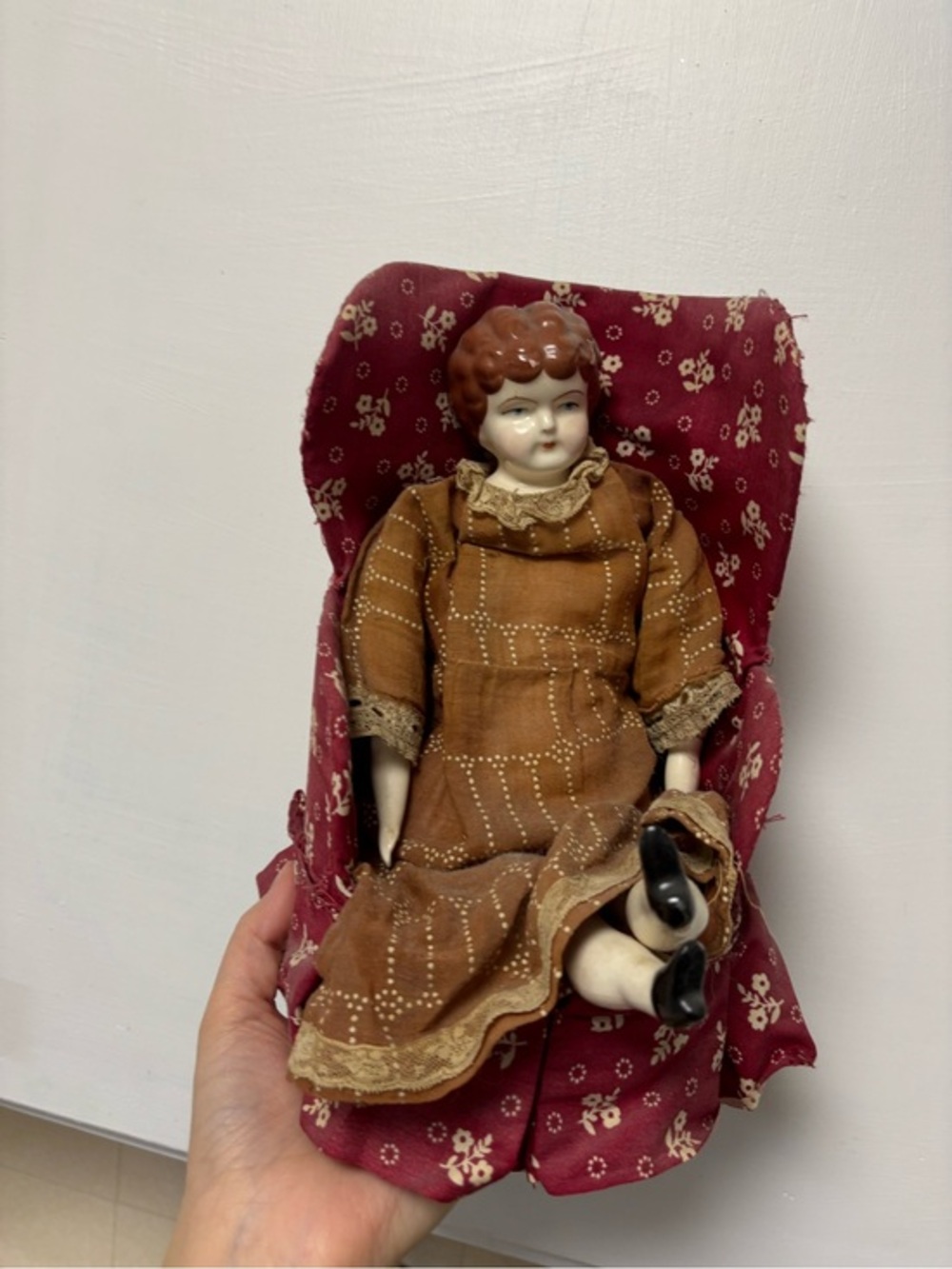 Meg Tudor Porcelain Doll in Brown Dress and Maroon Floral Seat